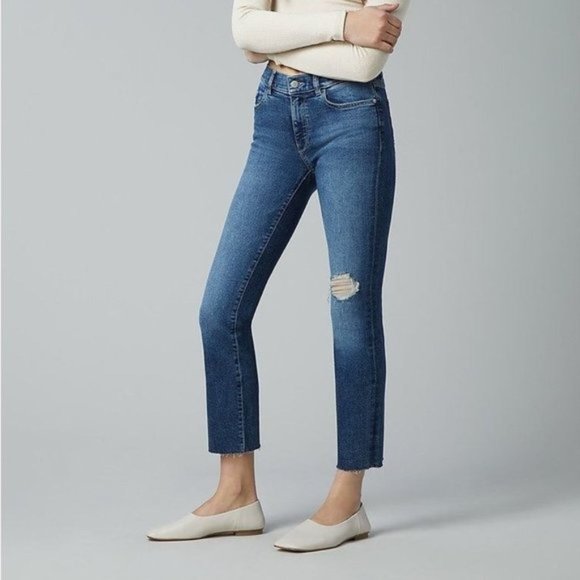 DL1961 Mara Denim Raw Hem Straight Leg Jeans - Mid Distressed - Size 26 NWT - Picture 1 of 5